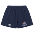 Navy blue SUNY Maritime Men’s Rugby Yokohama Short by Canterbury, featuring the Canterbury logo on the right leg and a “Maritime Rugby” emblem on the left.