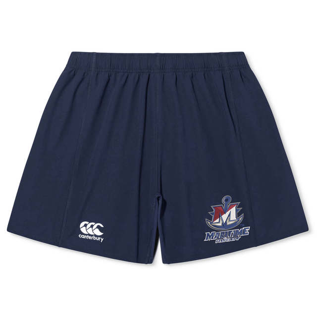 Navy blue SUNY Maritime Men’s Rugby Yokohama Short by Canterbury, featuring the Canterbury logo on the right leg and a “Maritime Rugby” emblem on the left.