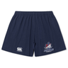 Navy blue SUNY Maritime Men’s Rugby Yokohama Short by Canterbury, featuring the Canterbury logo on the right leg and a “Maritime Rugby” emblem on the left.