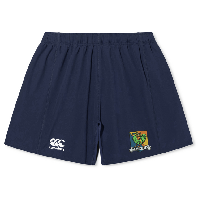 Navy blue Takoma Touch Rugby Yokohama Short by Canterbury, featuring a logo on the left leg and a rooster crest with the text “Takoma TRFC” on the right leg.