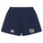 The Old Man Rivah Rugby Yokohama Short by EMB Canterbury showcases navy blue fabric, an elastic waistband, the Canterbury logo on the left leg, and a "SQUAD SAN RIHAN" crest on the right—lightweight and durable for training or matches.
