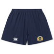 The Old Man Rivah Rugby Yokohama Short by EMB Canterbury showcases navy blue fabric, an elastic waistband, the Canterbury logo on the left leg, and a "SQUAD SAN RIHAN" crest on the right—lightweight and durable for training or matches.