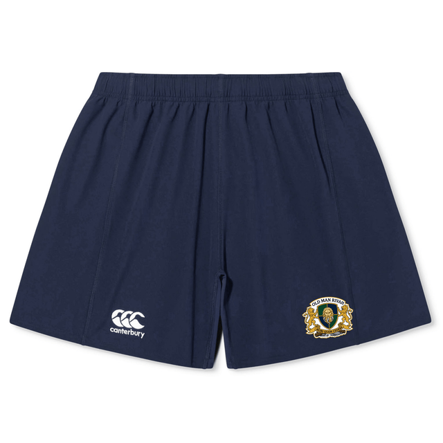 The Old Man Rivah Rugby Yokohama Short by EMB Canterbury showcases navy blue fabric, an elastic waistband, the Canterbury logo on the left leg, and a "SQUAD SAN RIHAN" crest on the right—lightweight and durable for training or matches.