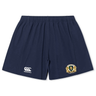 The Old Man Rivah Rugby Yokohama Short by EMB Canterbury showcases navy blue fabric, an elastic waistband, the Canterbury logo on the left leg, and a "SQUAD SAN RIHAN" crest on the right—lightweight and durable for training or matches.