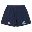The NC Rugby Academy - Megalodons Yokohama Short by EMB Canterbury features lightweight, durable navy fabric, an elastic waistband, Canterbury's rugby logo on the left leg, and a Megalodons Rugby Academy logo on the right.