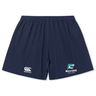 The NC Rugby Academy - Megalodons Yokohama Short by EMB Canterbury features lightweight, durable navy fabric, an elastic waistband, Canterbury's rugby logo on the left leg, and a Megalodons Rugby Academy logo on the right.
