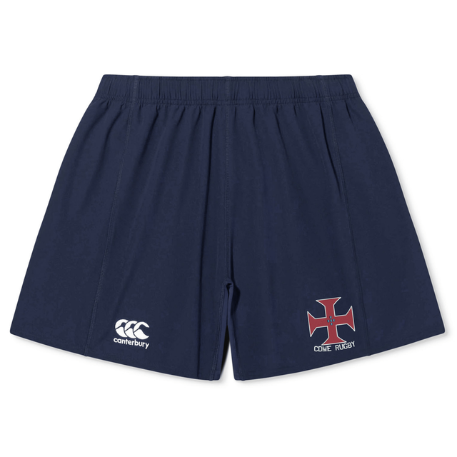 The SF CDME Rugby Yokohama Short by EMB Canterbury comes in navy blue and features a white Canterbury logo on the left leg, along with a red and white cross emblem labeled "CCVE RUGBY" on the right leg. Designed for both performance and comfort, these durable rugby shorts are ideal for use on the field.
