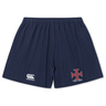 The SF CDME Rugby Yokohama Short by EMB Canterbury comes in navy blue and features a white Canterbury logo on the left leg, along with a red and white cross emblem labeled "CCVE RUGBY" on the right leg. Designed for both performance and comfort, these durable rugby shorts are ideal for use on the field.