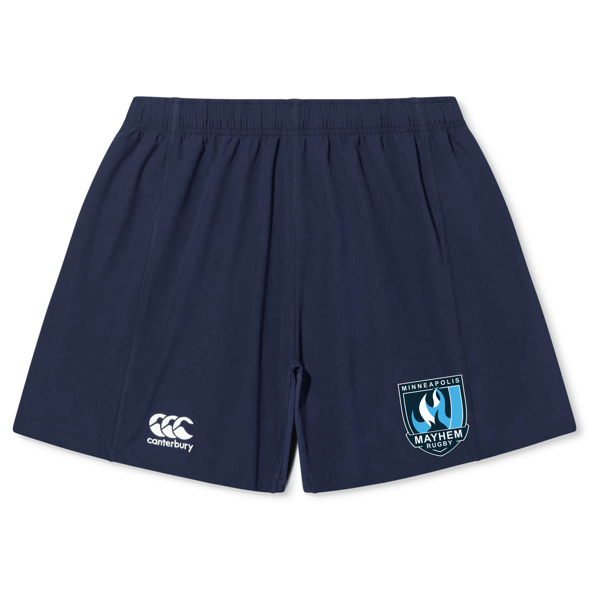 Minneapolis Mayhem Rugby Yokohama Short by EMB Canterbury—navy blue rugby shorts featuring an elastic waistband, Canterbury logo on the left leg, and the Minneapolis Mayhem Rugby club emblem on the right leg.