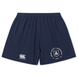 Introducing the New Saint Andrews College Yokohama Short by EMB Canterbury: these navy blue athletic rugby shorts display “New Saint Andrews RFC” and a crest on one leg, with the iconic Canterbury logo on the other.
