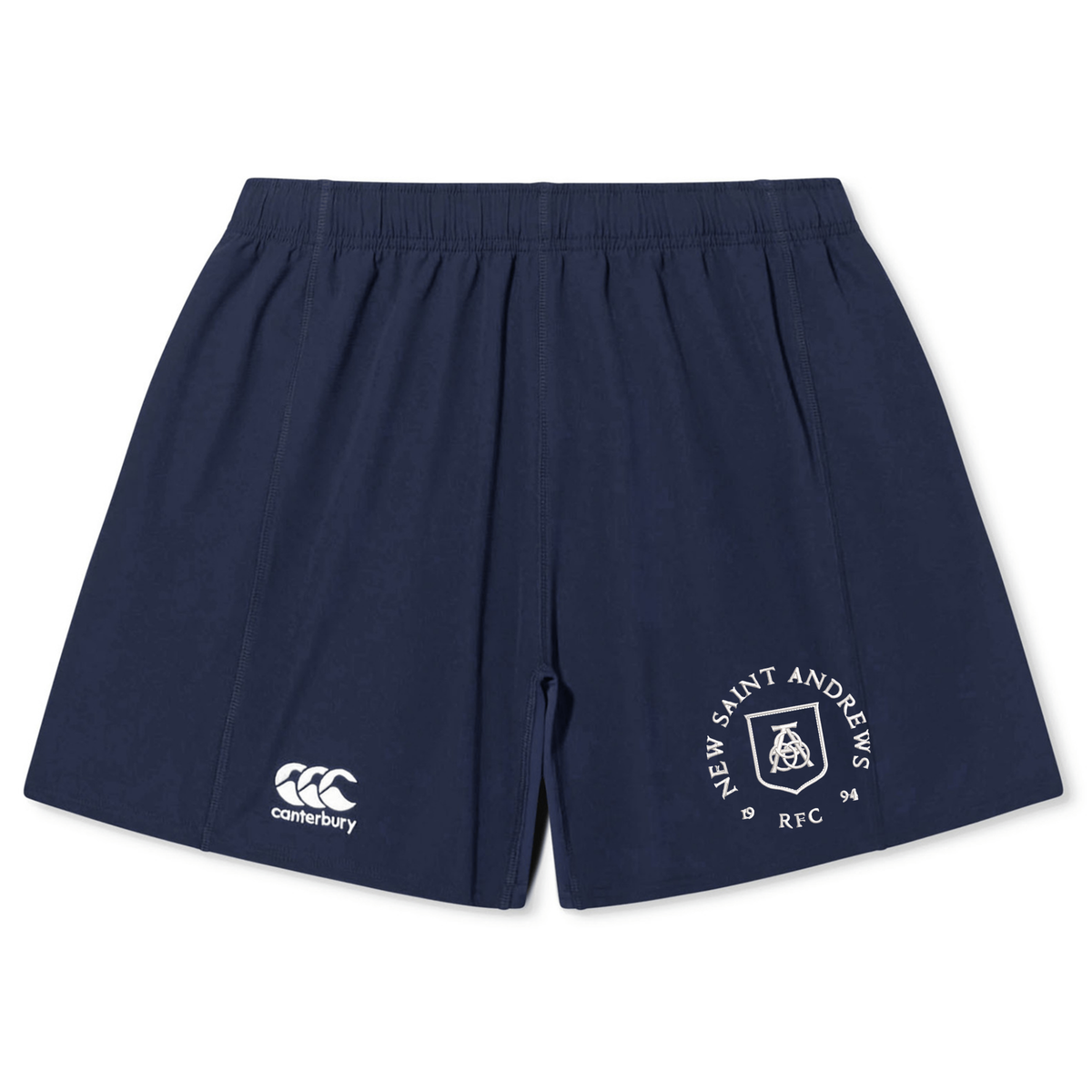 Introducing the New Saint Andrews College Yokohama Short by EMB Canterbury: these navy blue athletic rugby shorts display “New Saint Andrews RFC” and a crest on one leg, with the iconic Canterbury logo on the other.
