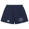 Introducing the New Saint Andrews College Yokohama Short by EMB Canterbury: these navy blue athletic rugby shorts display “New Saint Andrews RFC” and a crest on one leg, with the iconic Canterbury logo on the other.