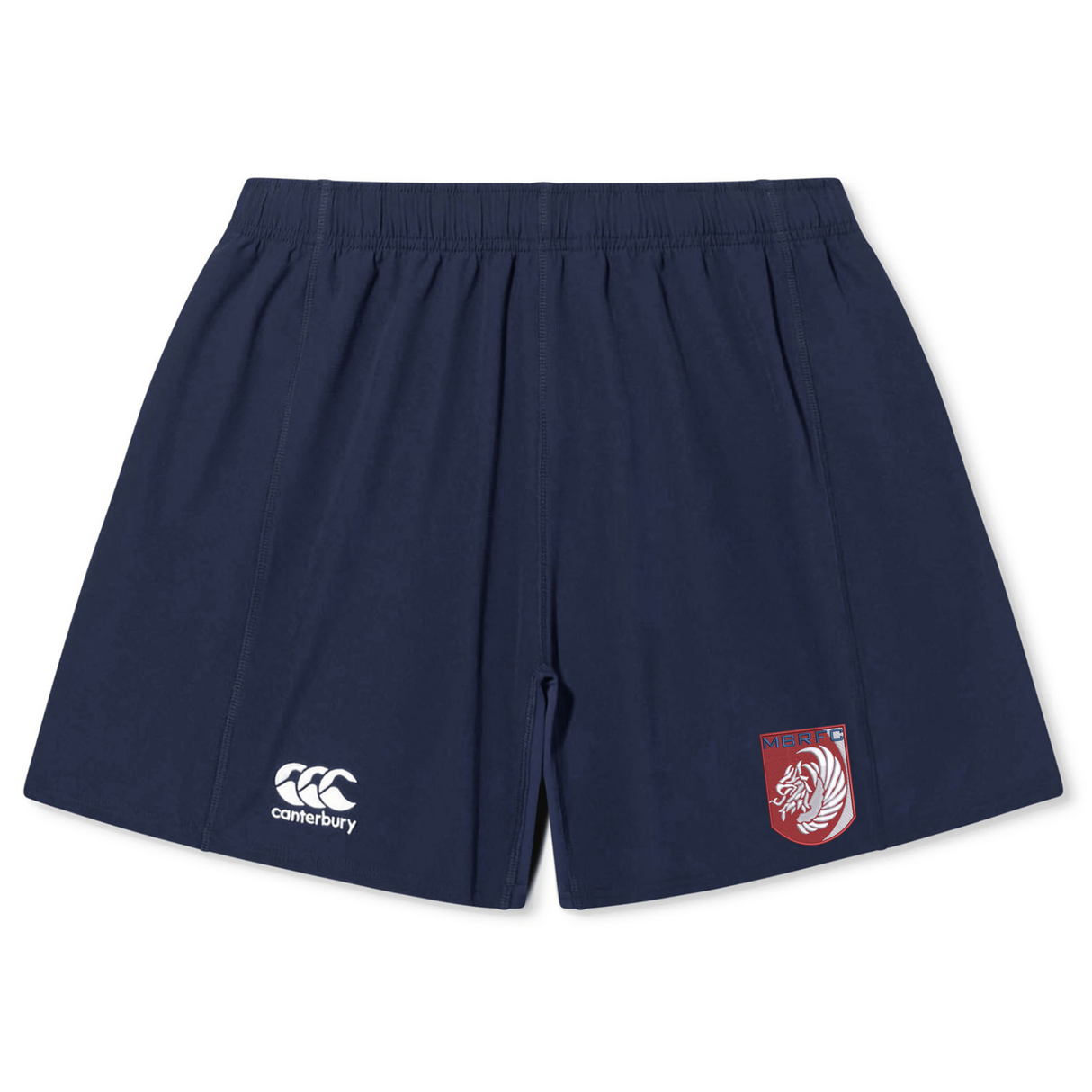 The Montgomery Bucks Griffins Women's Yokohama Short by EMB Canterbury features an elastic waistband, the iconic Canterbury logo on the left leg, and a red and white lion crest on the right—ideal women's rugby shorts.