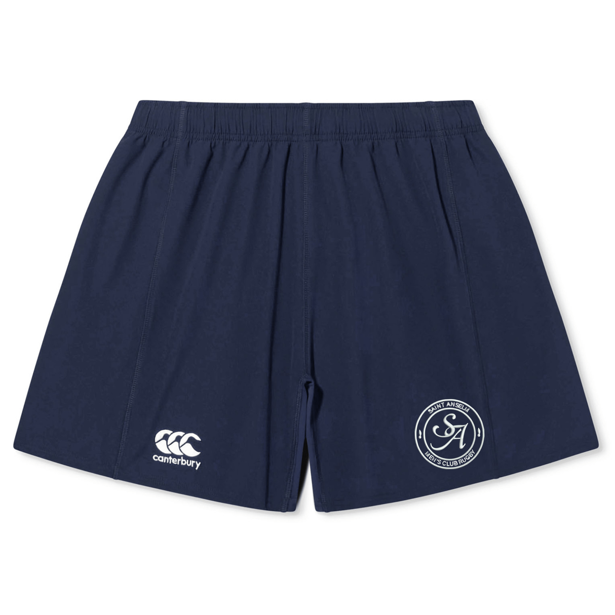 The Saint Anselm College Club Rugby Yokohama Short by EMB Canterbury is navy blue with an elastic waistband, featuring the Canterbury logo and a circular Yokohama Short emblem on the left leg.