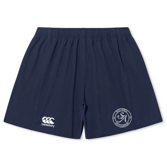 The Saint Anselm College Club Rugby Yokohama Short by EMB Canterbury is navy blue with an elastic waistband, featuring the Canterbury logo and a circular Yokohama Short emblem on the left leg.