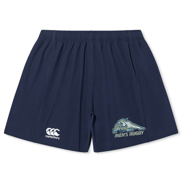 Navy University of New Hampshire Yokohama Short by Canterbury rugby shorts featuring a wildcat logo and “MEN’S RUGBY” on the right leg, with a brand logo on the left.