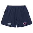 The Nebraska Rugby Referee Society Yokohama Short by EMB Canterbury features a navy blue design, elastic waistband, Canterbury logo on the left leg, and Nebraska sports logo on the right leg.