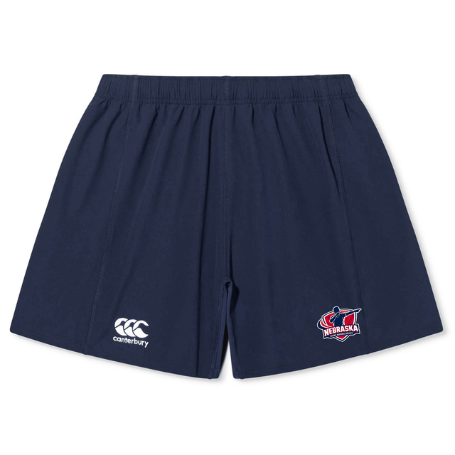 The Nebraska Rugby Referee Society Yokohama Short by EMB Canterbury features a navy blue design, elastic waistband, Canterbury logo on the left leg, and Nebraska sports logo on the right leg.