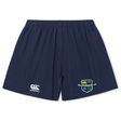 The EMB Canterbury Kingwood Rugby Yokohama Short features a navy blue design with an embroidered crest on the right leg and a white Canterbury logo on the left, inspired by the classic Yokohama Short.