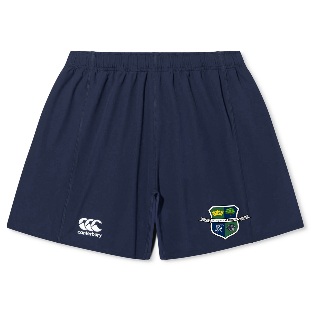 The EMB Canterbury Kingwood Rugby Yokohama Short features a navy blue design with an embroidered crest on the right leg and a white Canterbury logo on the left, inspired by the classic Yokohama Short.