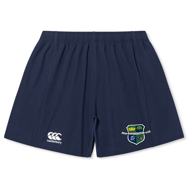 The EMB Canterbury Kingwood Rugby Yokohama Short features a navy blue design with an embroidered crest on the right leg and a white Canterbury logo on the left, inspired by the classic Yokohama Short.