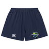 The EMB Canterbury Kingwood Rugby Yokohama Short features a navy blue design with an embroidered crest on the right leg and a white Canterbury logo on the left, inspired by the classic Yokohama Short.