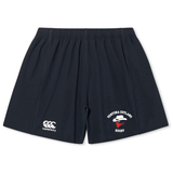 Introducing the Ventura Outlaws Rugby Yokohama Short by Canterbury, featuring a sleek black design adorned with an EMB Canterbury logo on the left leg and a striking "Ventura Outlaws Rugby" logo on the right leg. Ideal for showcasing your support during the 2019 Rugby World Cup.