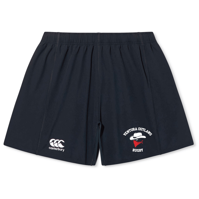 Introducing the Ventura Outlaws Rugby Yokohama Short by Canterbury, featuring a sleek black design adorned with an EMB Canterbury logo on the left leg and a striking "Ventura Outlaws Rugby" logo on the right leg. Ideal for showcasing your support during the 2019 Rugby World Cup.