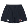 The Southern Pines Youth Rugby Yokohama Short by EMB Canterbury are black shorts featuring an elastic waistband, Canterbury logo, and "SPD" shield emblem. They provide a secure fit with lightweight fabric for ultimate comfort and freedom of movement.