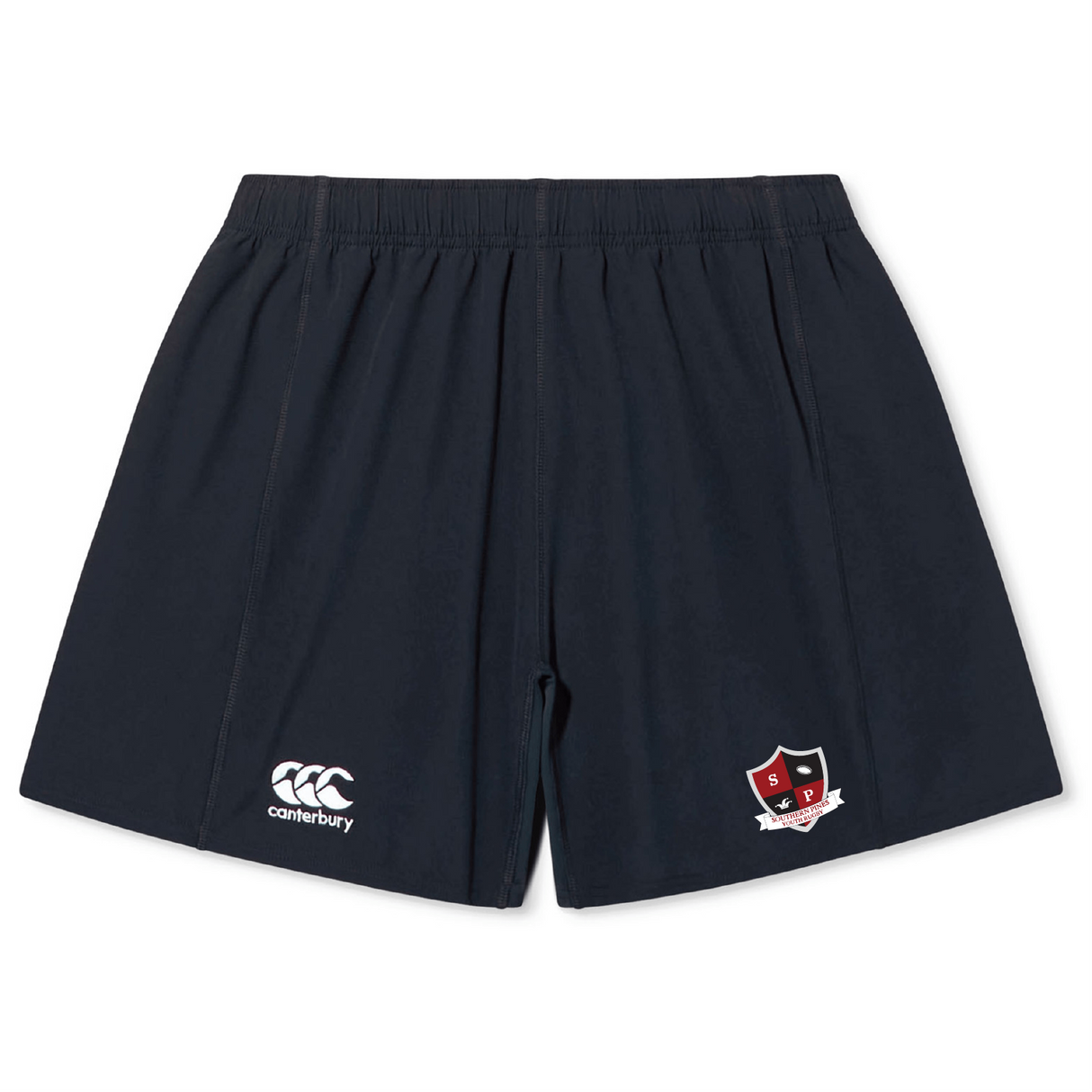 The Southern Pines Youth Rugby Yokohama Short by EMB Canterbury are black shorts featuring an elastic waistband, Canterbury logo, and "SPD" shield emblem. They provide a secure fit with lightweight fabric for ultimate comfort and freedom of movement.