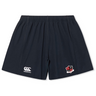 The Southern Pines Youth Rugby Yokohama Short by EMB Canterbury are black shorts featuring an elastic waistband, Canterbury logo, and "SPD" shield emblem. They provide a secure fit with lightweight fabric for ultimate comfort and freedom of movement.