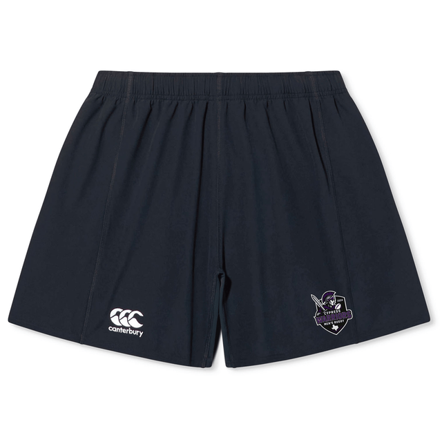 The Cypress Warriors Men's Rugby Yokohama Short by EMB Canterbury features an elastic waistband, lightweight durable fabric, the Canterbury logo on the left leg, and a Cypress Warriors emblem on the right.