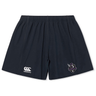The Cypress Warriors Men's Rugby Yokohama Short by EMB Canterbury features an elastic waistband, lightweight durable fabric, the Canterbury logo on the left leg, and a Cypress Warriors emblem on the right.