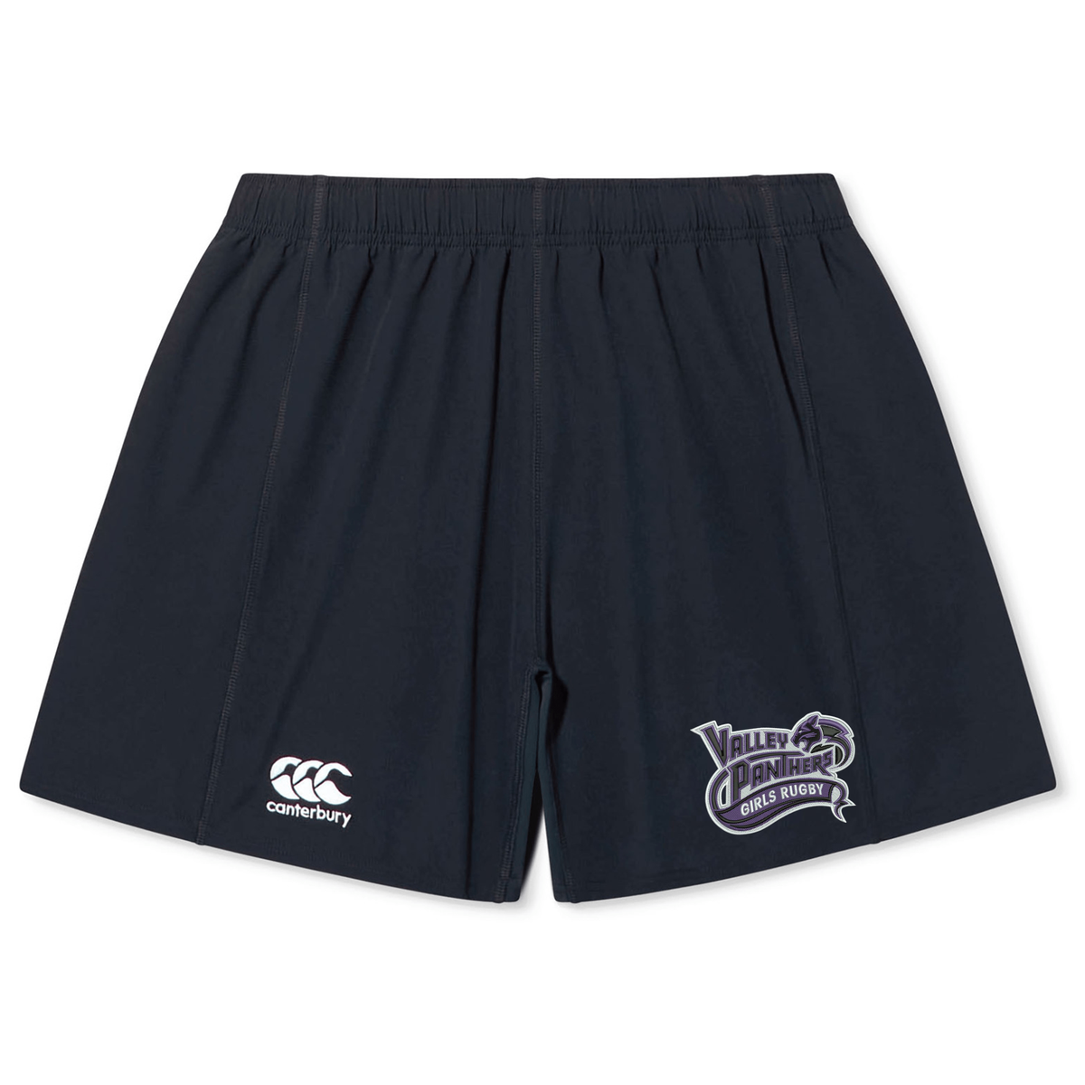 The Valley Panthers Girls Rugby Yokohama Short by EMB Canterbury are black rugby shorts featuring an elastic waistband for comfort, the classic Canterbury logo on the left leg, and the “Valley Panthers Girls Rugby” logo on the right—perfectly designed for performance on the field.