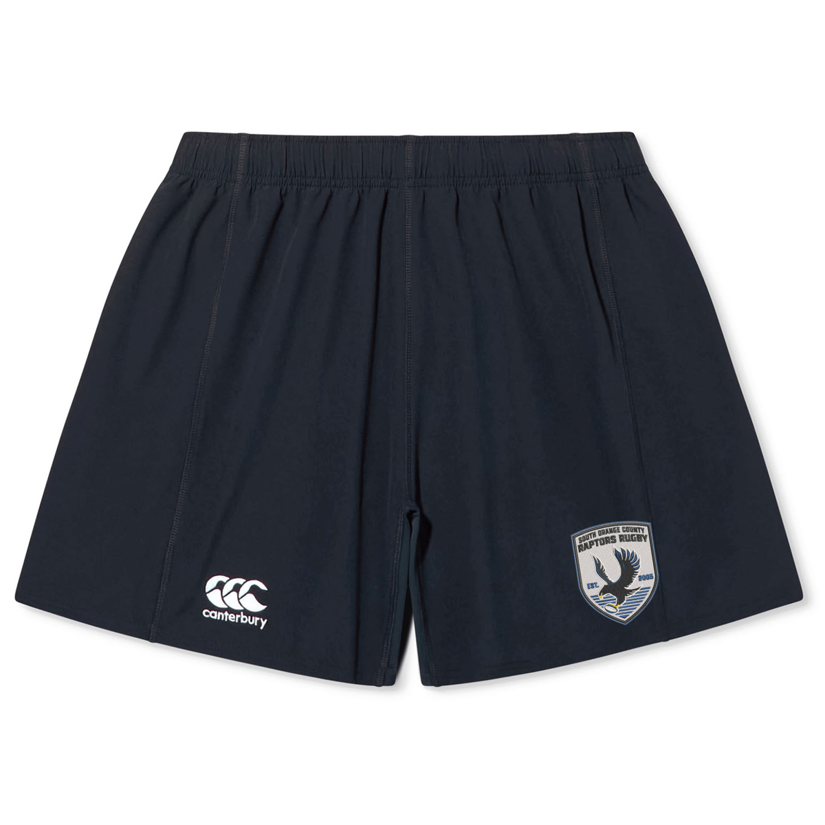 Show your Raptors pride with the South Orange County Raptors Yokohama Short by Canterbury. These navy blue athletic shorts from EMB Canterbury feature an elastic waistband, a Canterbury logo on the left leg, and an embroidered South Orange County Raptors crest on the right leg—perfect for fans of authentic rugby style.