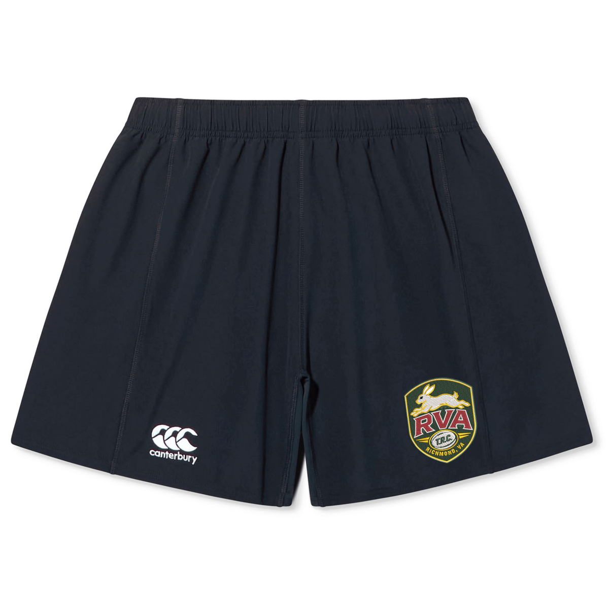 The RVA T.R.C. Yokohama Short by EMB Canterbury features a navy blue design with an elastic waistband, a white Canterbury logo, and a vibrant RVA badge on the front—blending classic Canterbury rugby style with modern performance.