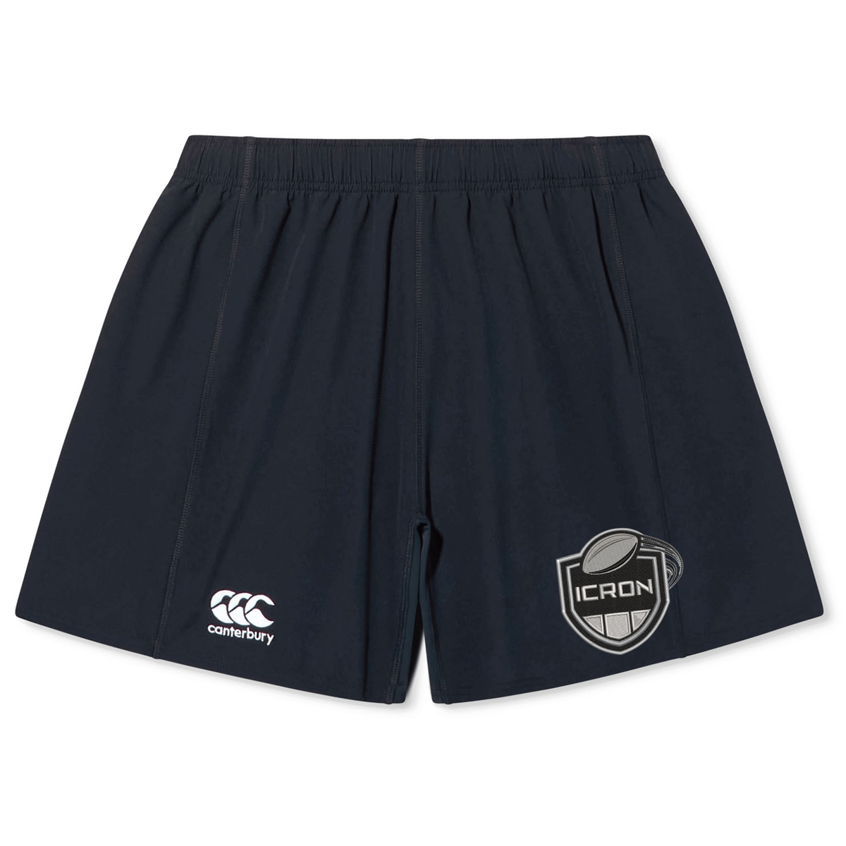 Navy blue ICRON Yokohama Short by Canterbury rugby shorts featuring a logo on the left leg and a shield-shaped graphic on the right leg with a rugby ball and the text “ICRON.”