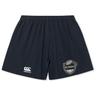 Navy blue ICRON Yokohama Short by Canterbury rugby shorts featuring a logo on the left leg and a shield-shaped graphic on the right leg with a rugby ball and the text “ICRON.”