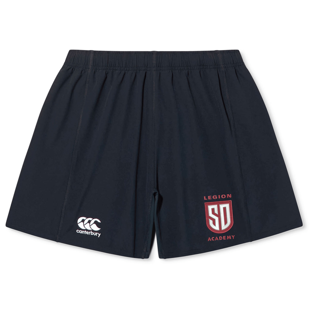 Dark blue lightweight Legion Academy Yokohama Short by Canterbury with a gathered waistband, featuring a white logo on the left leg and a red and white “LEGION ACADEMY SD” emblem on the right leg.