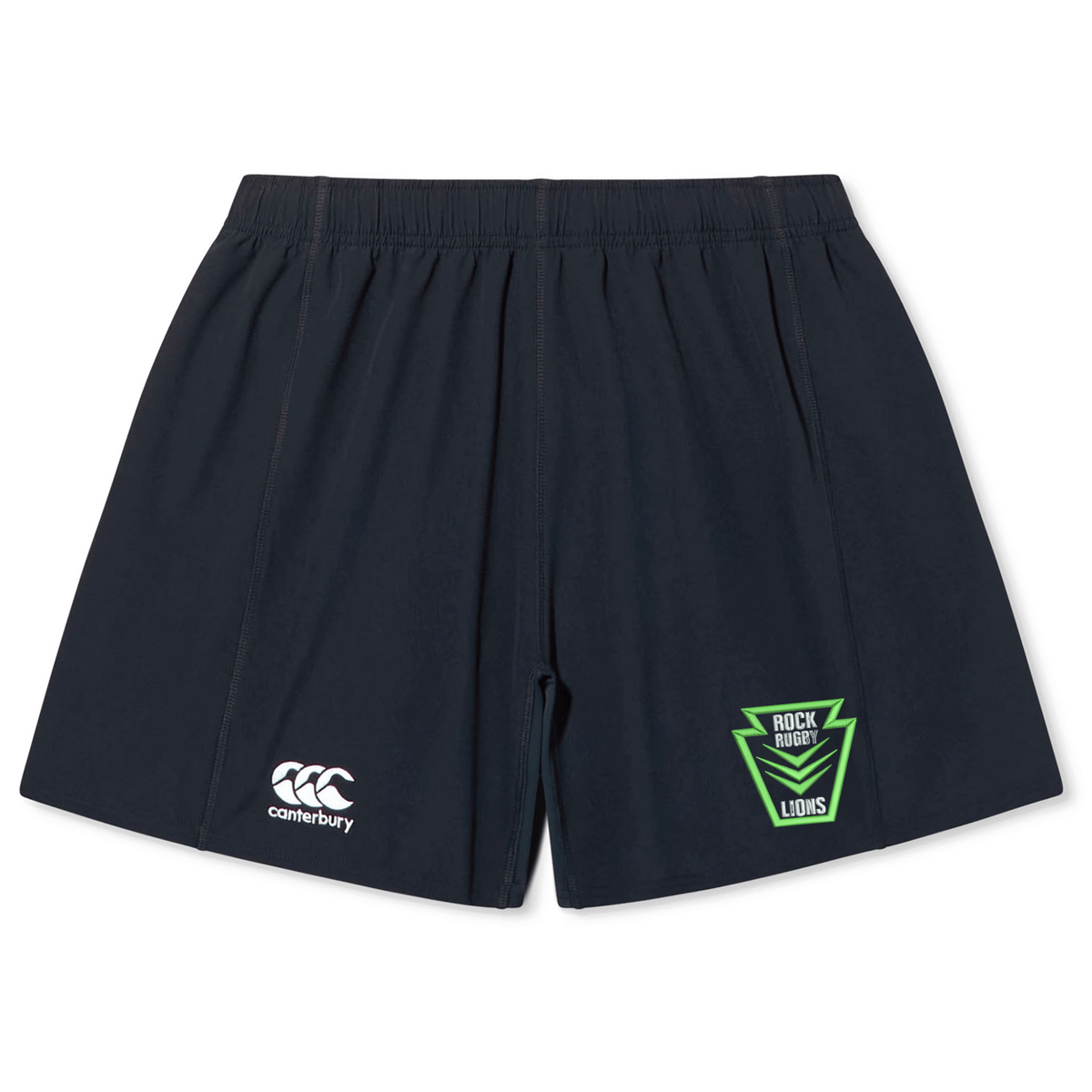 Durable black Rock Rugby Yokohama Short by Canterbury, featuring a green “ROCK RUGBY LIONS” logo and a white logo on the opposite leg.
