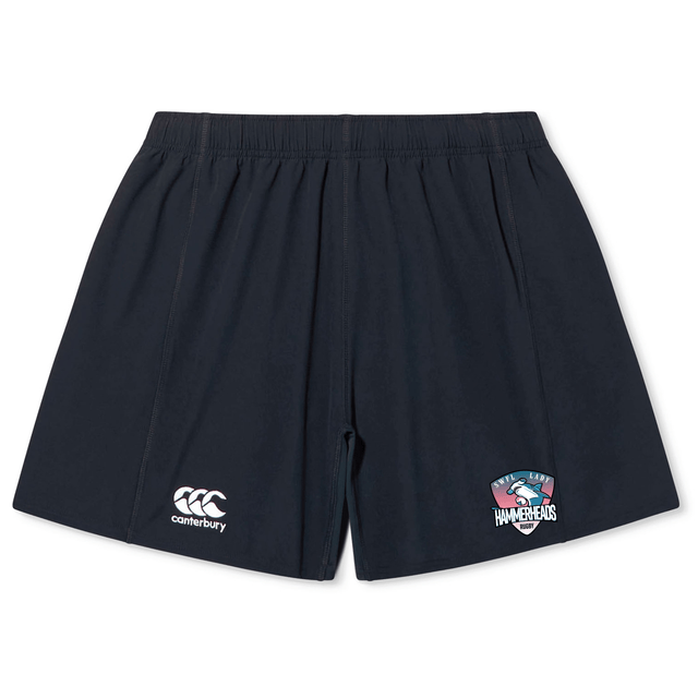 The SWFL Lady Hammerheads Yokohama Short by WRS Canterbury features a Canterbury logo on the left leg and a Hammerheads logo on the right, made from lightweight durable fabric for comfort and performance.