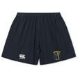The Spartan Youth Rugby Yokohama Short by EMB Canterbury features a navy blue design, elastic waistband, CCC Rugby Yokohama Short logo on the left leg, and a Spartan Youth Rugby Club emblem on the right leg.
