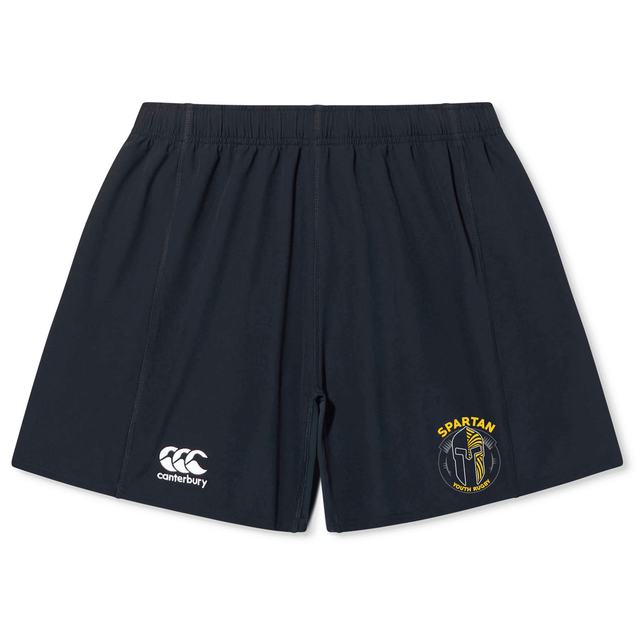 The Spartan Youth Rugby Yokohama Short by EMB Canterbury features a navy blue design, elastic waistband, CCC Rugby Yokohama Short logo on the left leg, and a Spartan Youth Rugby Club emblem on the right leg.