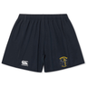 The Spartan Youth Rugby Yokohama Short by EMB Canterbury features a navy blue design, elastic waistband, CCC Rugby Yokohama Short logo on the left leg, and a Spartan Youth Rugby Club emblem on the right leg.