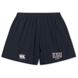 The East Stroudsburg University Yokohama Short by EMB Canterbury is a black rugby short with the iconic logo on the left leg and "ESU Rugby" on the right—ideal for training or match days.