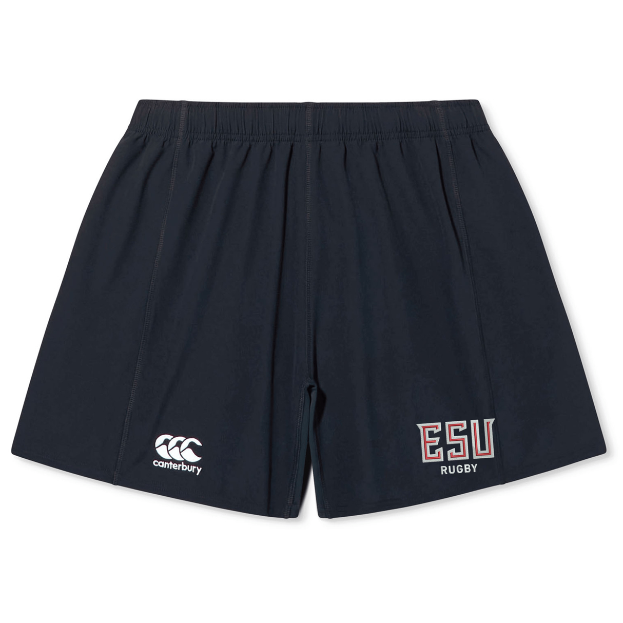 The East Stroudsburg University Yokohama Short by EMB Canterbury is a black rugby short with the iconic logo on the left leg and "ESU Rugby" on the right—ideal for training or match days.