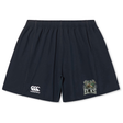 The Lewis County Elks Yokohama Short by Canterbury, from EMB Canterbury, are black athletic rugby shorts with an elastic waistband, featuring a white Canterbury rugby logo on the left leg and an “ELKS” emblem with an elk head on the right leg.