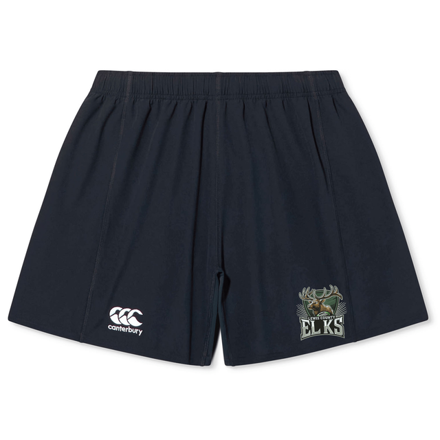 The Lewis County Elks Yokohama Short by Canterbury, from EMB Canterbury, are black athletic rugby shorts with an elastic waistband, featuring a white Canterbury rugby logo on the left leg and an “ELKS” emblem with an elk head on the right leg.