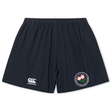 The Society of Iowa Rugby Referees Yokohama Short by EMB Canterbury features black athletic rugby shorts with an elastic waistband for a secure fit, a white Canterbury logo on the left leg, and a circular emblem with flowers on the right leg. These shorts are crafted from lightweight, durable fabric for lasting comfort and performance.