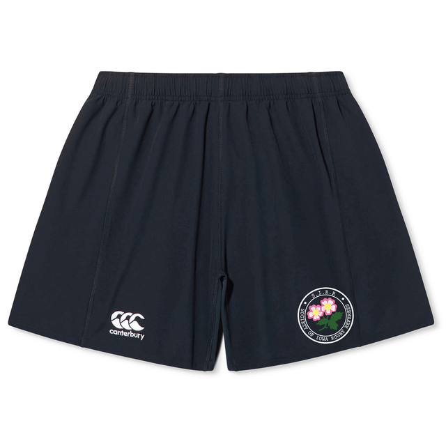 The Society of Iowa Rugby Referees Yokohama Short by EMB Canterbury features black athletic rugby shorts with an elastic waistband for a secure fit, a white Canterbury logo on the left leg, and a circular emblem with flowers on the right leg. These shorts are crafted from lightweight, durable fabric for lasting comfort and performance.
